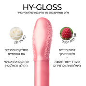 מברשת של היי-גלוס עם כותרת הכוללת את שם המוצר באנגלית וטקסט המדגיש את יתרונות המוצר על רקע לבן.