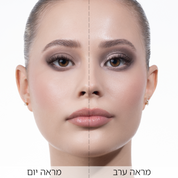 השוואת "חצי-פנים" עם פלטת Luxe Glam Compact בגוון 'Cool': משמאל – מראה יום במאט רך, ומימין – מראה ערב מנצנץ בפורמולת ה-Sparkling Foiled.