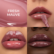 קולאז' של היי-גלוס בגוון 'Fresh Mauve' המציג שלושה תקריבים של שפתיים ומגוון של גווני עור.