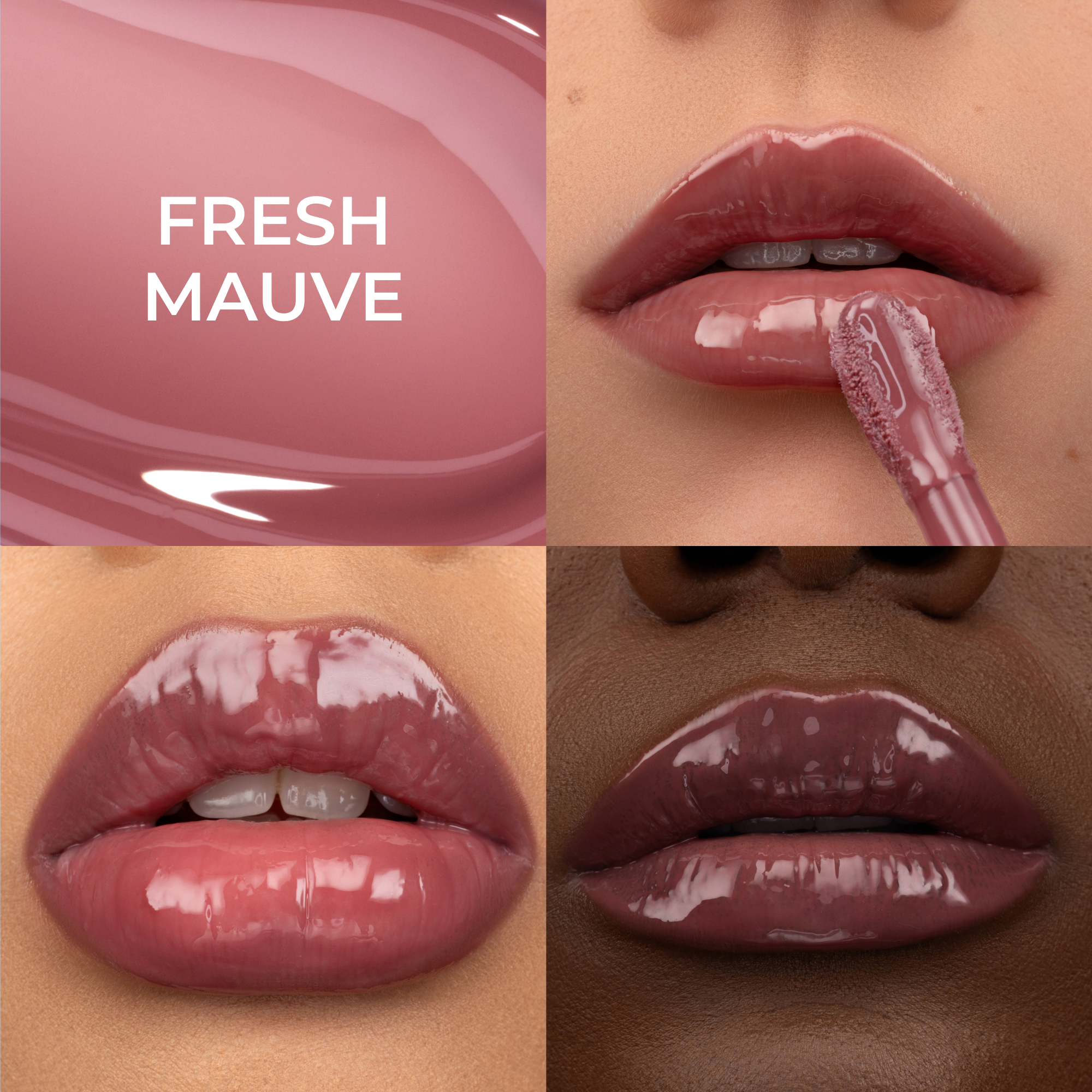 קולאז' של היי-גלוס בגוון 'Fresh Mauve' המציג שלושה תקריבים של שפתיים ומגוון של גווני עור.