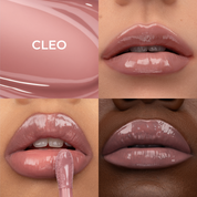 קולאז' של היי-גלוס בגוון 'Cleo' המציג שלושה תקריבים של שפתיים ומגוון של גווני עור.