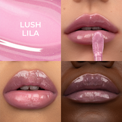 קולאז' של היי-גלוס בגוון 'Lush Lila' המציג שלושה תקריבים של שפתיים ומגוון של גווני עור.